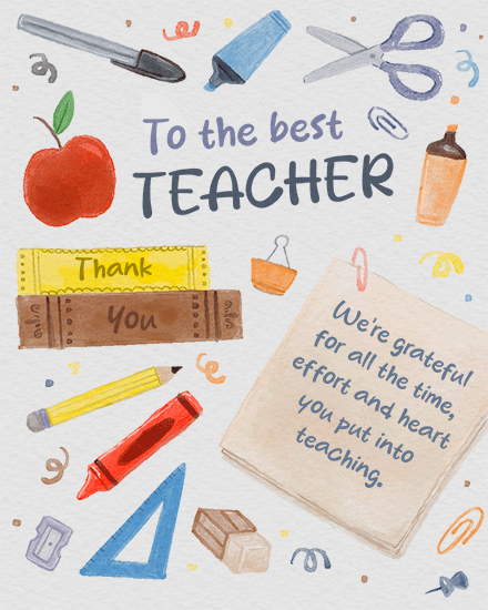 Watercolor school supplies with text “To the best TEACHER” and a grateful note