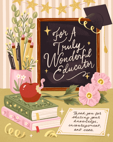 Illustrated chalkboard thank-you design with books, apple, pencils, flowers, gold stars, graduation cap