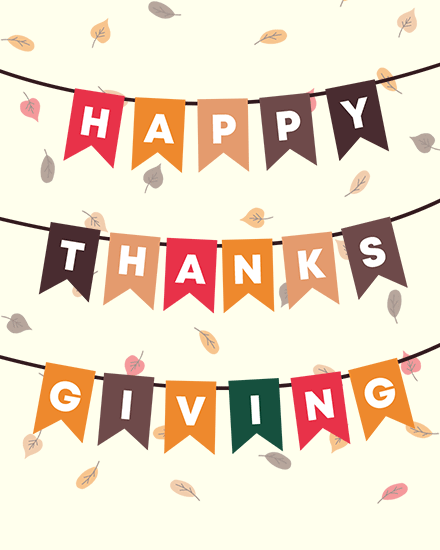 Three rows of colorful pennant flags with autumn leaves background spelling 'Happy Thanksgiving'.