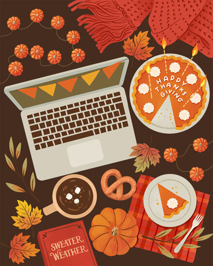 thanksgiving fall autumn cozy thanksgiving laptop computer pumpkin pie pretzel hot cocoa book autumn leaves scarf laptop