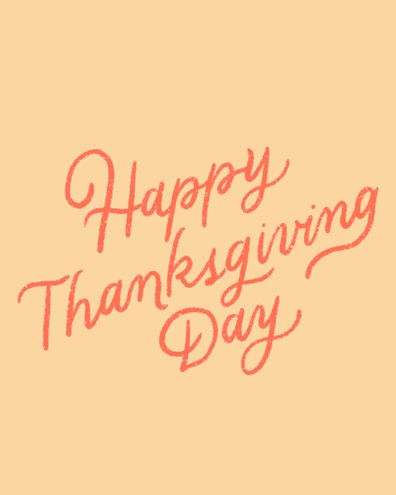 Coral red hand-lettered “Happy Thanksgiving Day” script on soft beige background