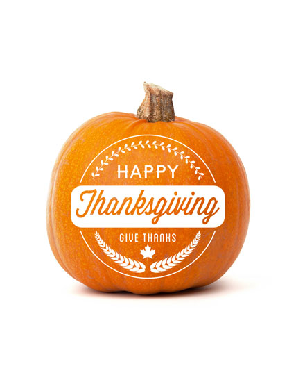Orange pumpkin with white 'Happy Thanksgiving Give Thanks' text and decorative elements.