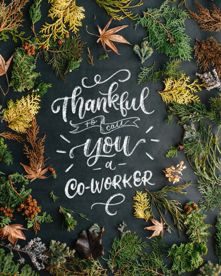 Chalkboard-style text surrounded by autumn leaves and greenery on a dark background.