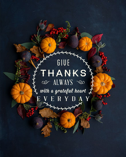 thanksgiving card give thanks always pumpkin wreath picture photo image