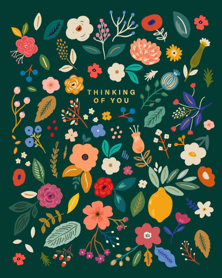 floral pattern gold letters thinking of you card lemon plants