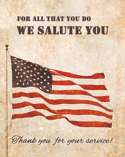 American flag on vintage background with text 'We Salute You' and thank you note.