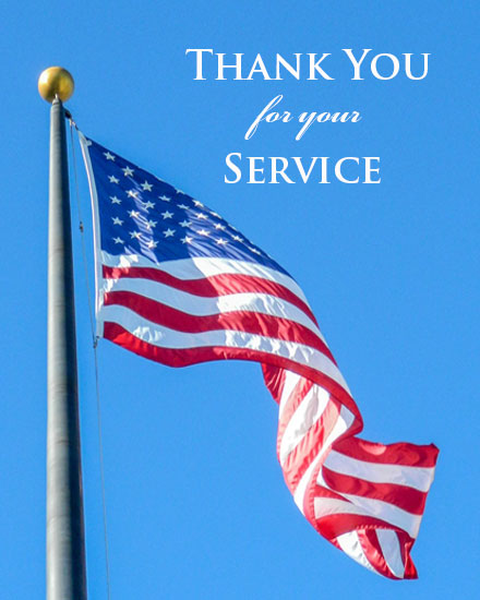 American flag waving on a pole with 'Thank You for Your Service' text.