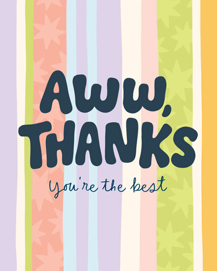 Colorful card with 'Aww, Thanks' text and starry stripes.