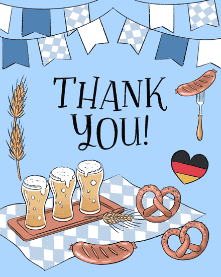 Thank you text with Bavarian bunting, beer steins, pretzels, sausage, wheat, and German heart