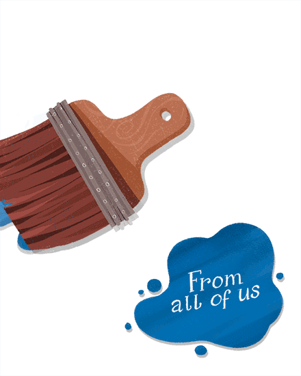 Illustrated paintbrush with blue paint splash reading “From all of us” on white background