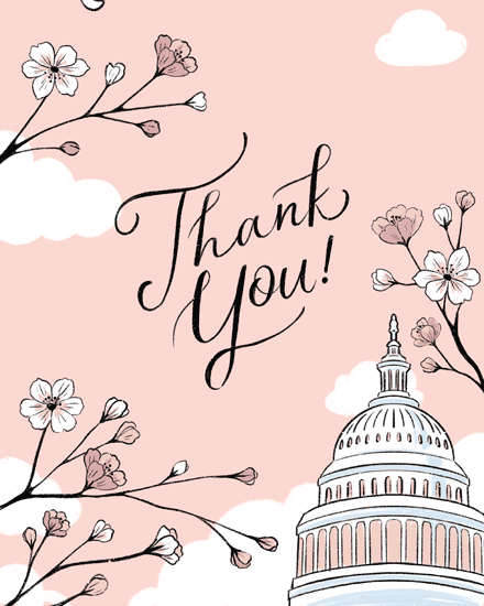 Pink thank you design with cherry blossoms, white clouds, and U.S. Capitol dome illustration