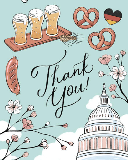 Thank You script with beer steins, pretzels, baguette, blossoms, and Capitol dome illustration