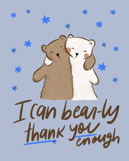 Two cute bears hugging on a blue background with stars, and text message.
