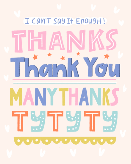 Colorful thank you card with various phrases and cheerful decorations.