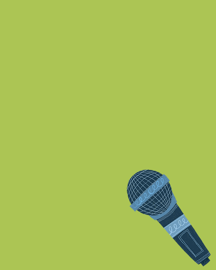Minimalist lime-green background with a blue illustrated microphone in the bottom right corner