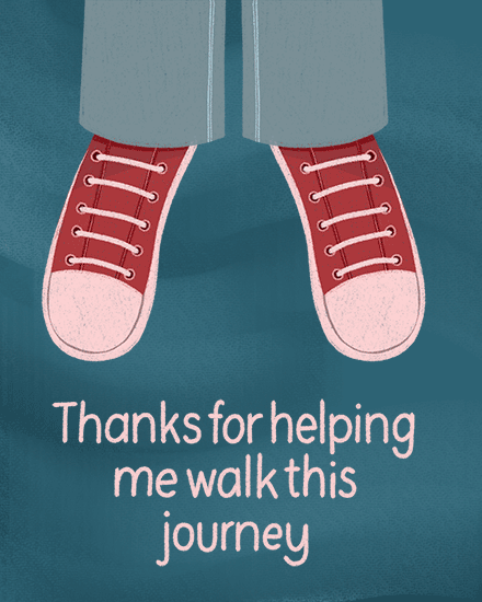 Illustration of red sneakers and gray pants on teal background with thank-you message