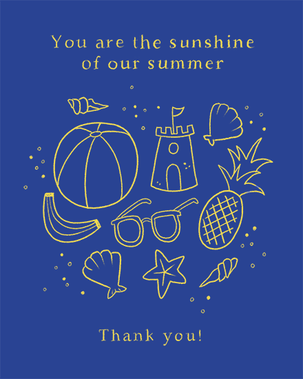 Blue thank you design with yellow beach doodles and “You are the sunshine of our summer” text
