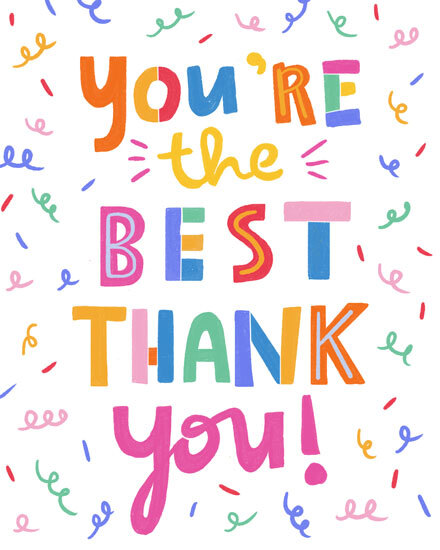 Colorful letters spell 'You're the Best Thank You' with confetti on white background.