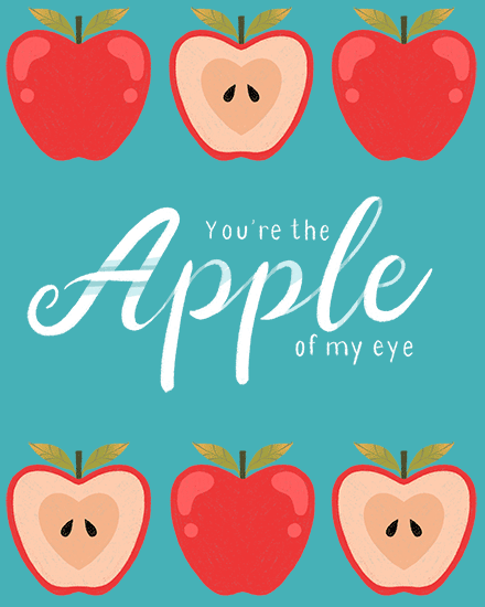 Red apples and sweet message on turquoise background.