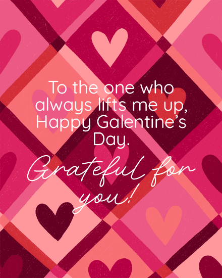 Patterned pink and red hearts with Galentine's Day message in white script.