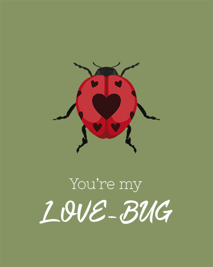 Illustrated ladybug with heart spots and playful text on olive background.