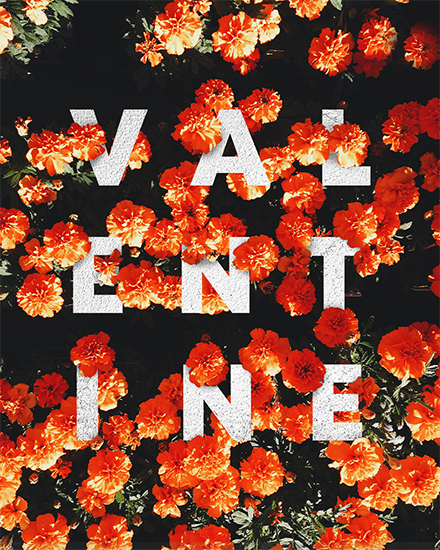 Bold white 'VALENTINE' text over vivid orange flowers on a dark background.