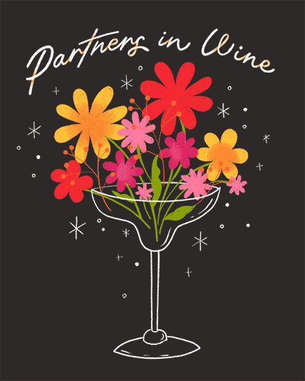 Colorful flowers in a wine glass with text 'Partners in Wine'.