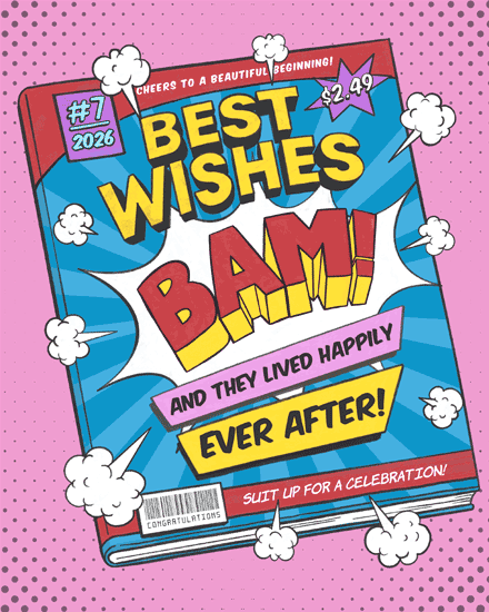 Comic-style wedding card with bold text, colorful design, and playful elements.