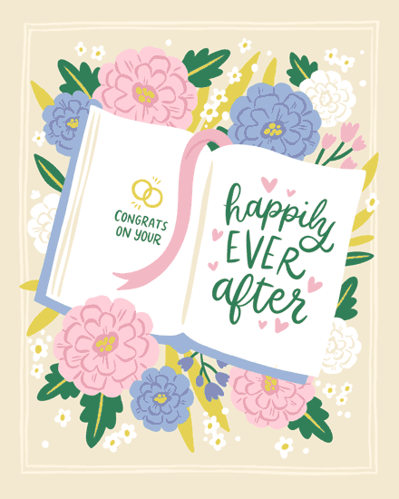 Open book with pink ribbon, floral border, and “Happily Ever After” hand lettering