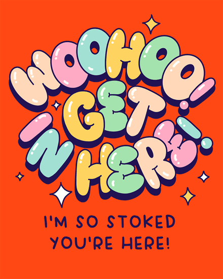 Playful multicolor text on orange background with stars and fun shapes.