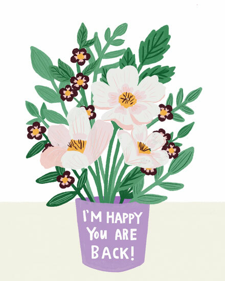 Illustration of white and purple flowers with green leaves in a purple vase.