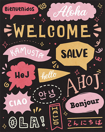welcome card welcome in multiple languages multilingual ciao ola aloha bienvenidos salve bonjour