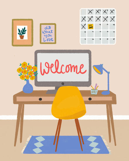 welcome office chair desk computer lamp house plant work from home new job calendar countdown
