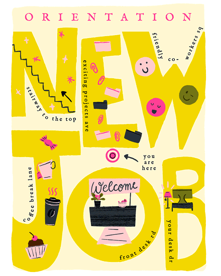 welcome card orientation coffee cupcake tea candy computer pin smile