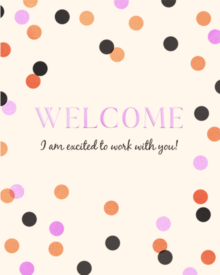 Colorful polka dots and welcome message on cream background.