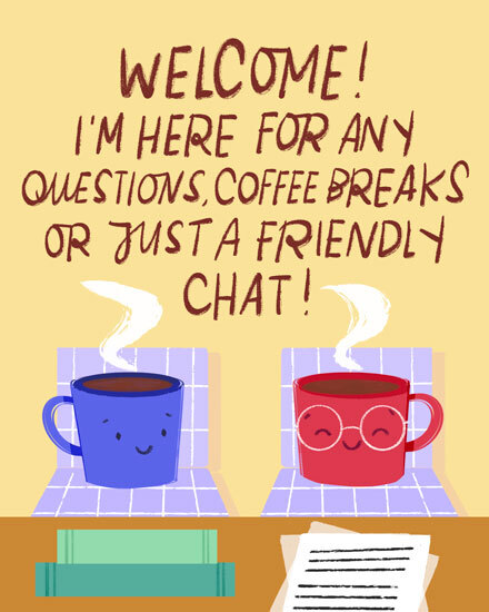 Two cartoon mugs with friendly faces, inviting text about chats and coffee breaks.