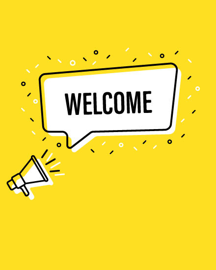 welcome card yellow megaphone chat box speech bubble