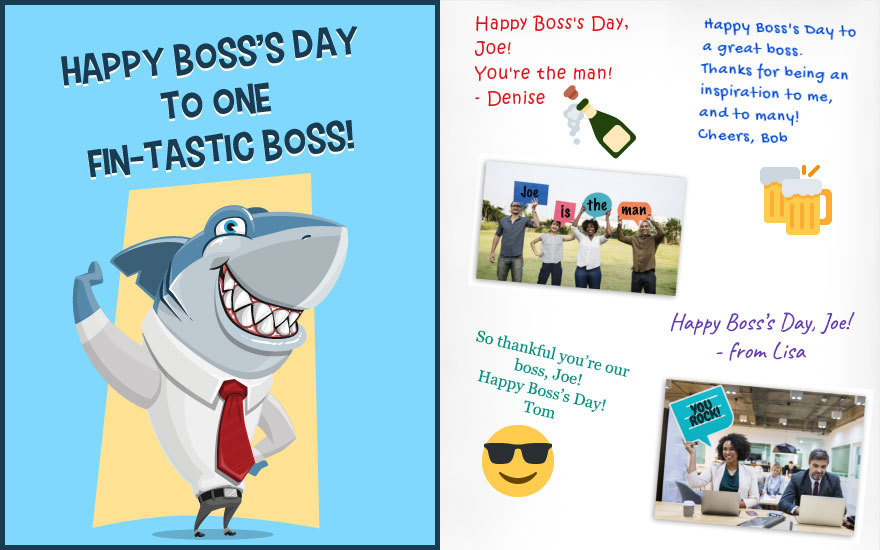 Sample of a GroupGreeting Boss’s Day card signed by multiple coworkers, with personal photos and stickers