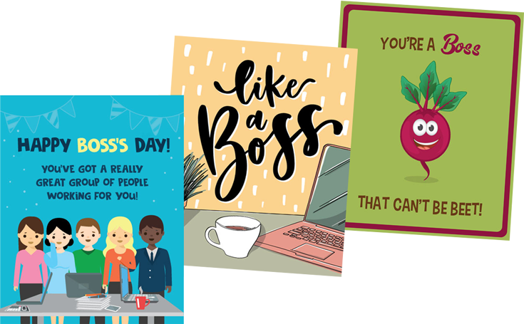 Samples of GroupGreeting Boss’s Day cards signed by multiple coworkers, with personal photos and stickers
